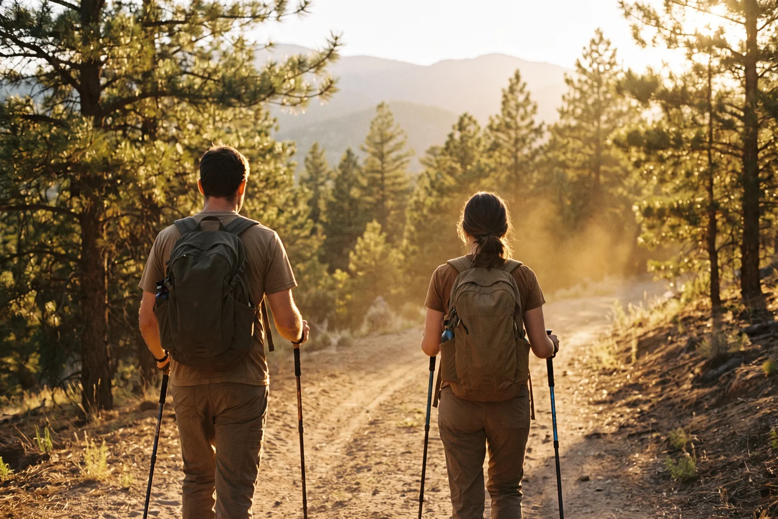 Two hikers seen from behind on a dusty trail among ponderosa pines in late light, packs on and poles in hand.