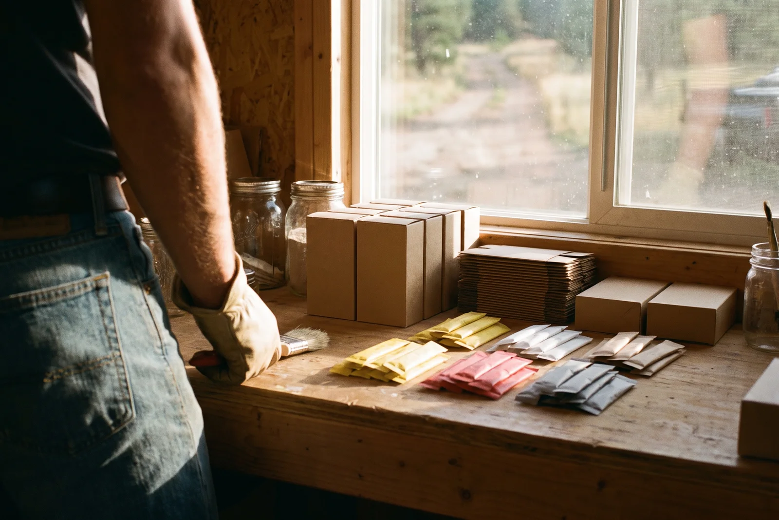 A workbench by a window in late light with stacks of plain kraft sleeves and boxes of yellow, white, red and grey stick sachets.