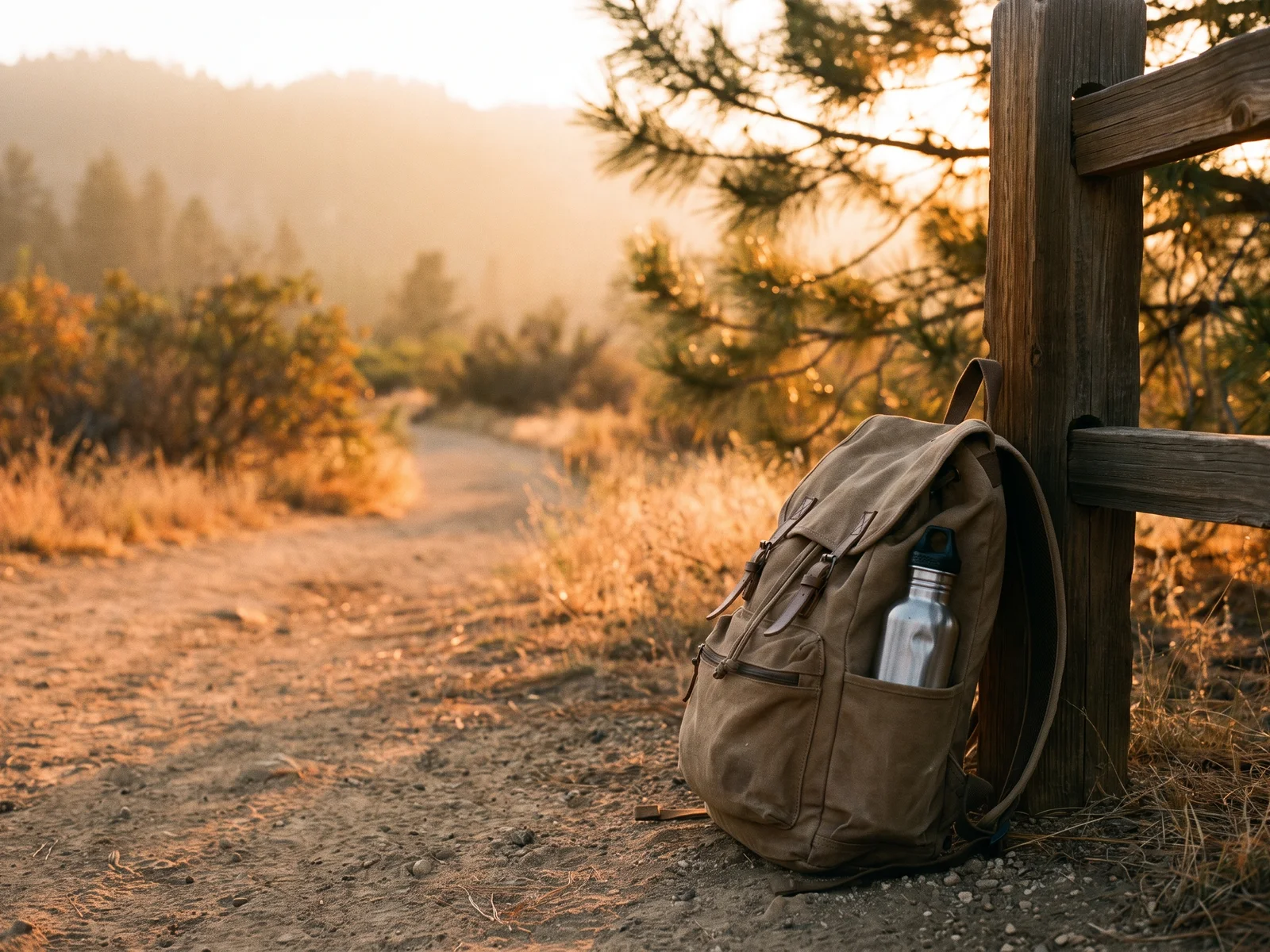 A plain pack resting against a wooden trailhead fence post in golden light, a steel bottle in its side pocket.