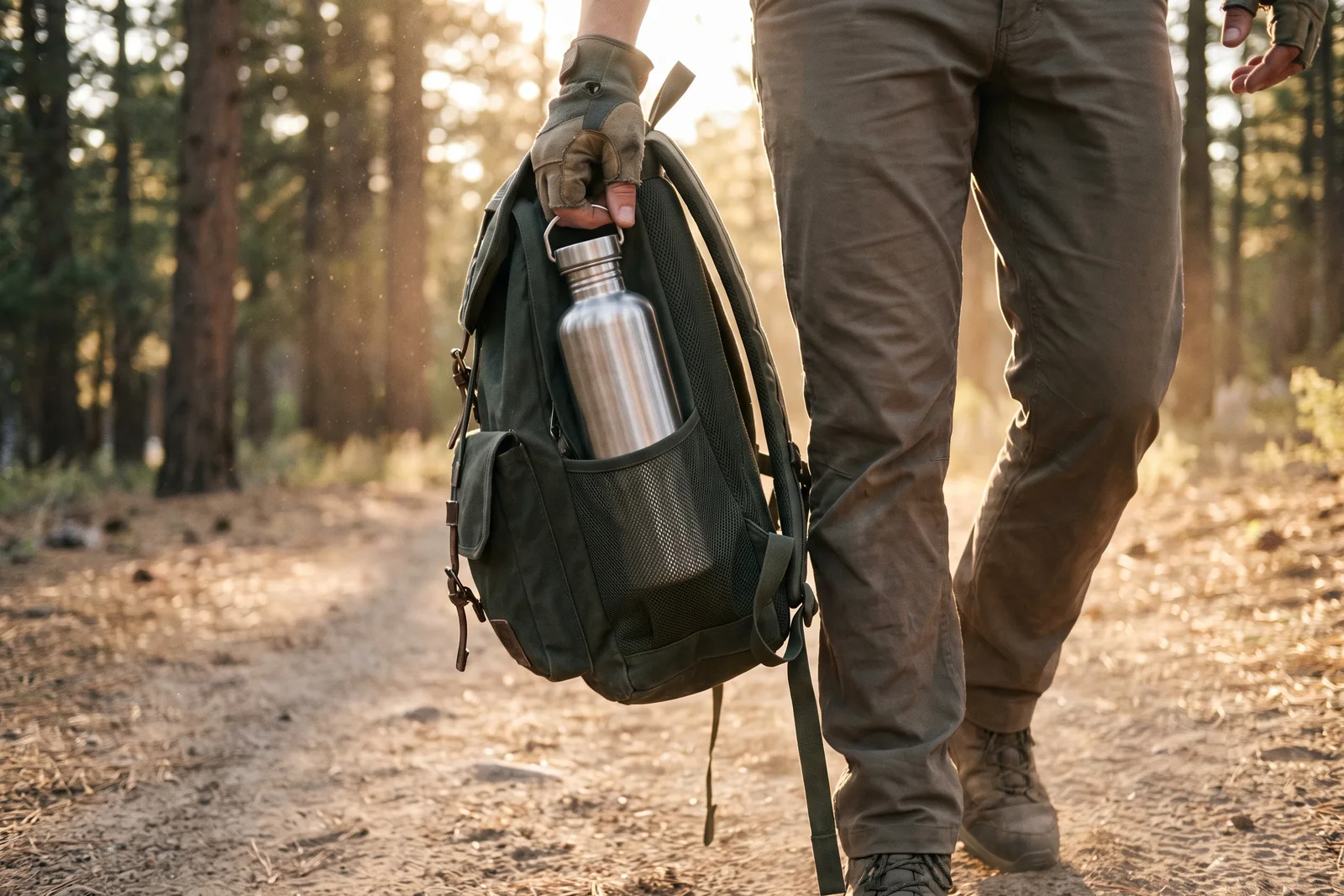 A hand lifting a steel water bottle from the mesh side pocket of a dusty pack.
