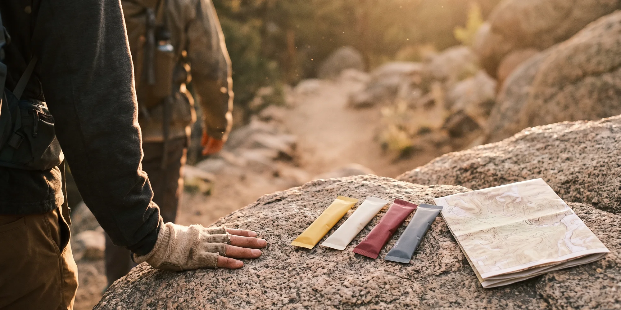Two hikers seen from behind on a dusty ridge trail at sunset, one passing a stick pack to the other.