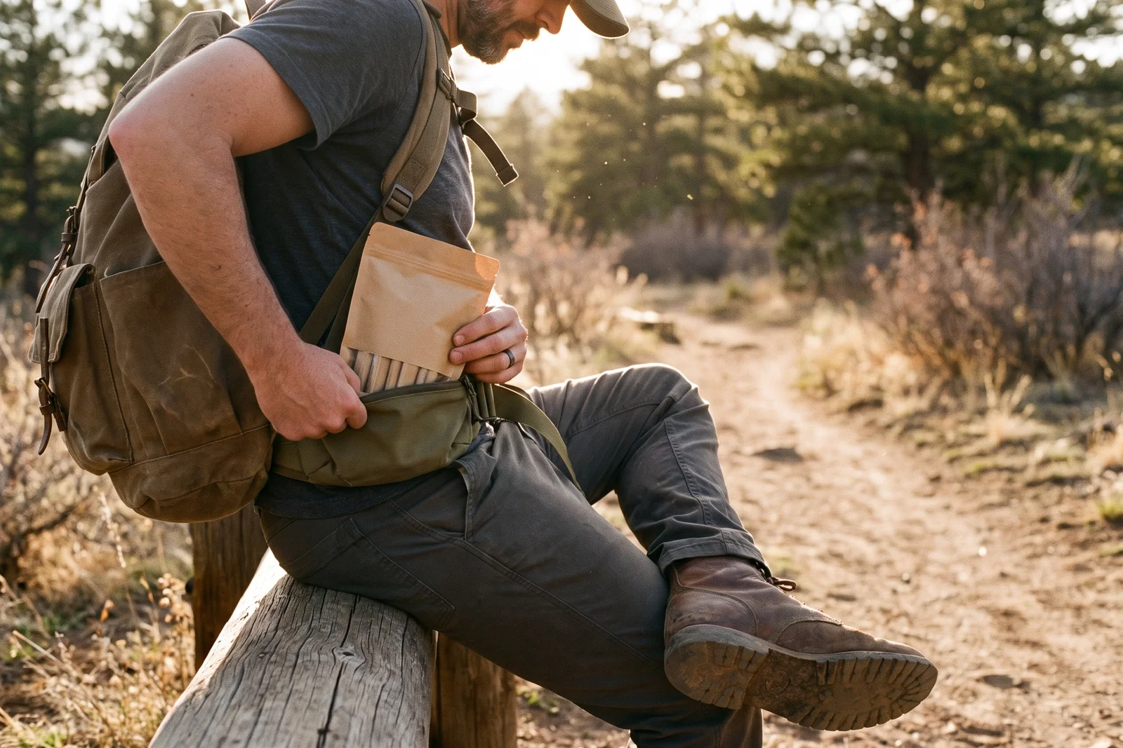 A hiker sitting on a log rail at a dusty trailhead, sliding a kraft sleeve of stick packs into a hip pack.