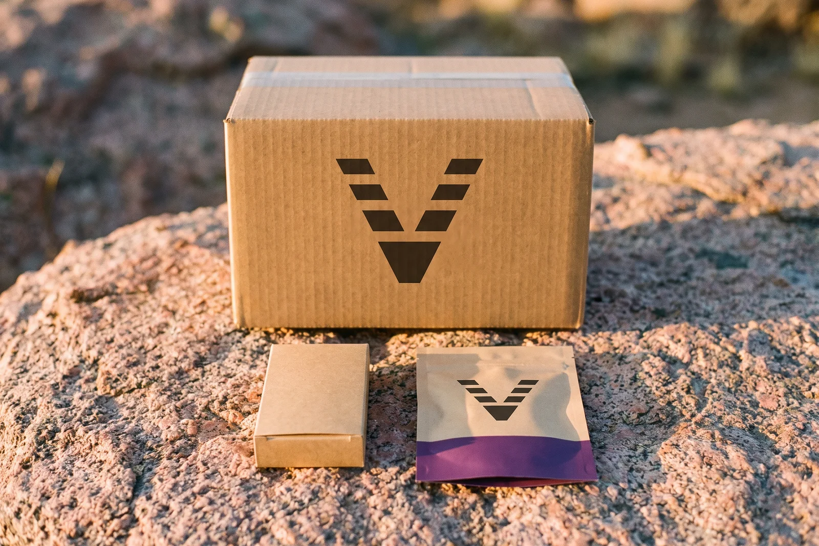 A closed kraft carton printed with the VitaminHill mark on pink granite, a stick carton and a huckleberry purple chew pouch standing in front of it.