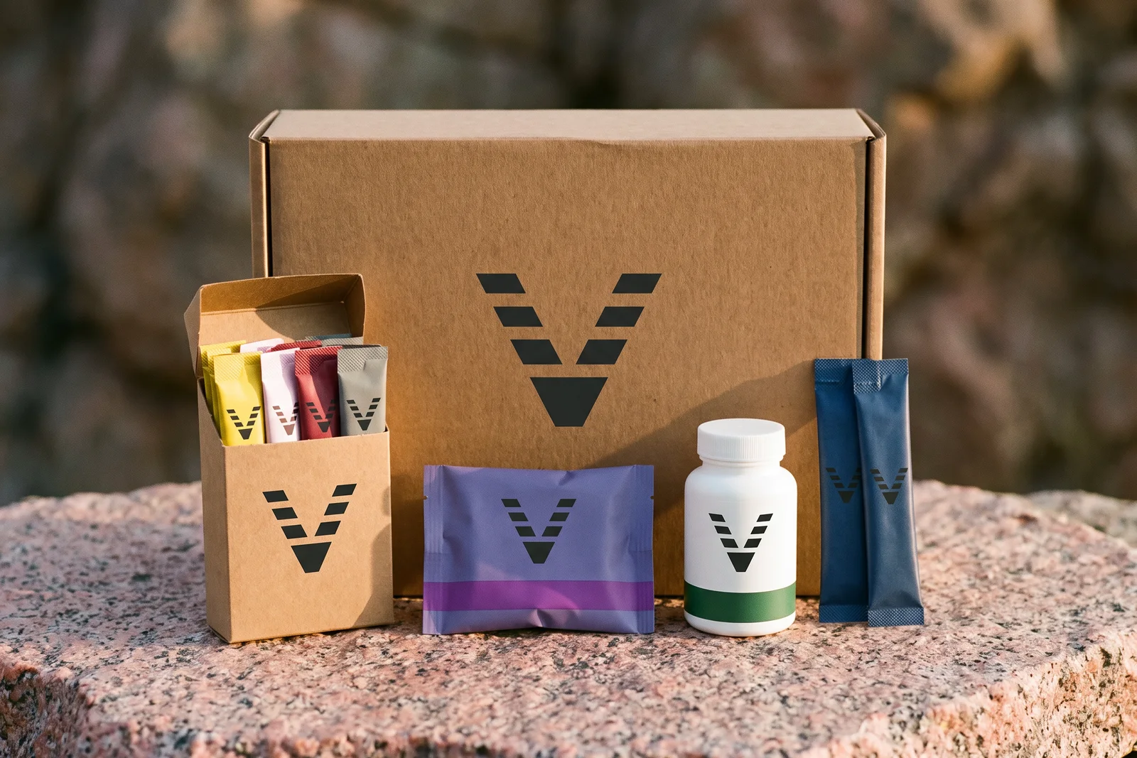 A larger kraft carton printed with the VitaminHill mark holding a stick carton, a purple chew pouch, a green-band bottle and midnight blue sticks.