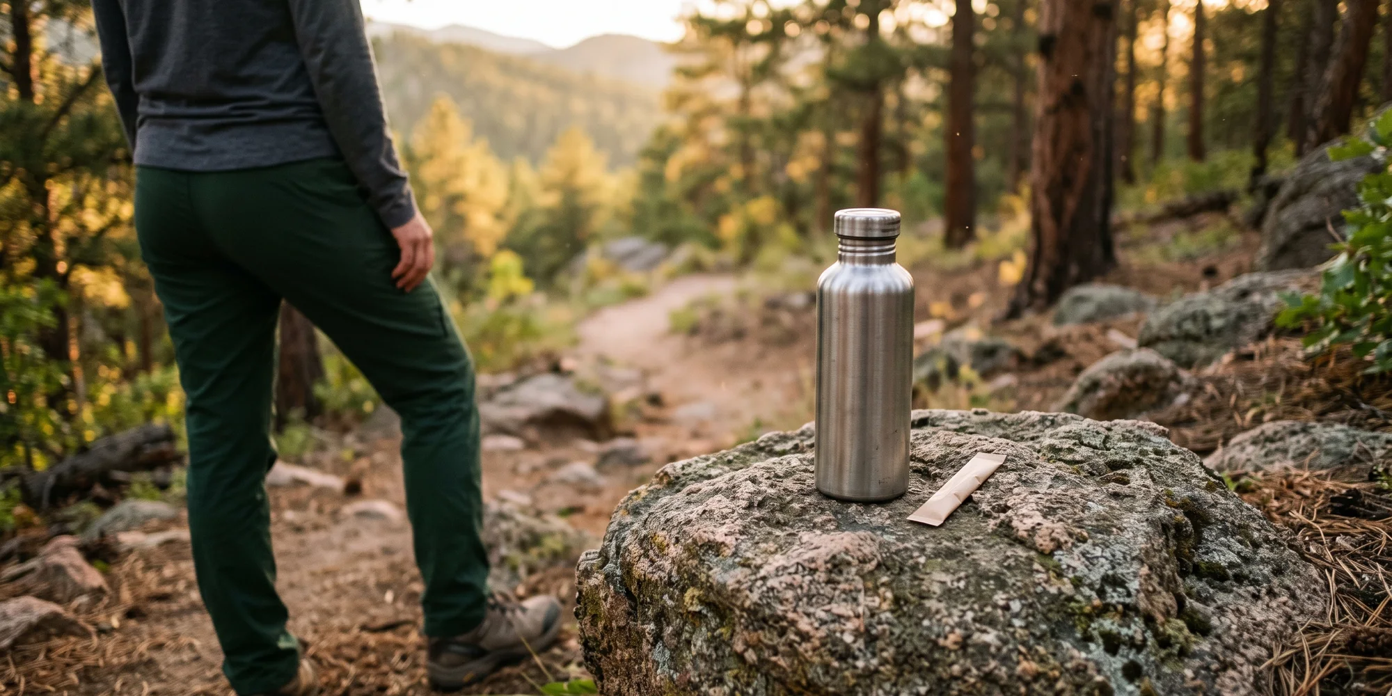 A plain steel water bottle and a single slim stick sachet on a granite boulder in the shade of a pine.