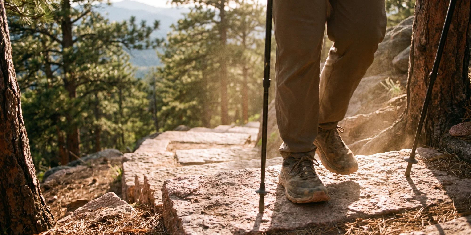 Dusty trail shoes on pink granite switchback steps at golden hour, trekking pole tips planted beside them.